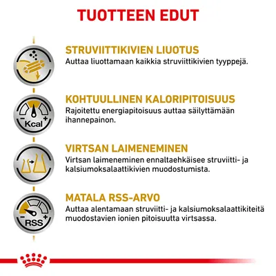 Teksti: Tuotteen edut. Struviittikivien liuotus, Kohtuullinen kaloripitoisuus, Virtsan laimeneminen, Matala RSS-arvo. Selitykset jokaiselle kohdalle mukana kuvassa.