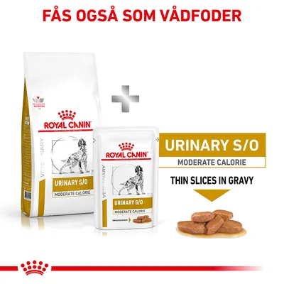 Royal Canin Urinary S/O Moderate Calorie tør- og vådfoder, tekst: Fås også som vådfoder, Thin slices in gravy, billede af foderstykker i sovs