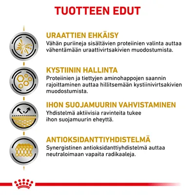 TUOTTEEN EDUT: Uraattien ehkäisy, kystiinin hallinta, ihon suojamuurin vahvistaminen, antioksidanttiyhdistelmä. Selitykset jokaisen edun alla. Kaikki teksti suomeksi.