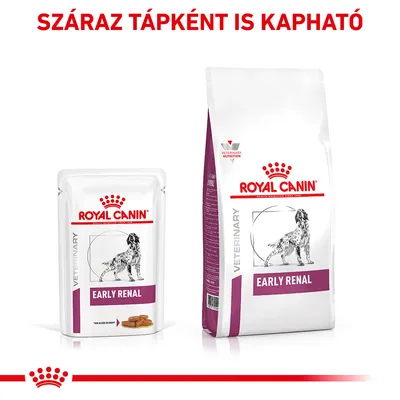 Royal Canin Veterinary Early Renal kutyatáp nedves és száraz változat csomagolása, felül: SZÁRAZ TÁPKÉNT IS KAPHATÓ