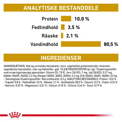 Analytiske bestanddele: Protein 10,0 %, Fedtindhold 3,5 %, Råaske 2,1 %, Vandindhold 80,5 %. Ingredienser: kød og animalske biprodukter, korn, vegetabilsk protein, mineraler m.m.