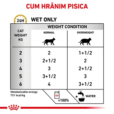 Tabel de hrănire pisici: greutate 2–6 kg, porții zilnice diferite pentru condiție normală sau supraponderală. Energie metabolizabilă: 731 kcal/kg. Doar hrană umedă și apă.