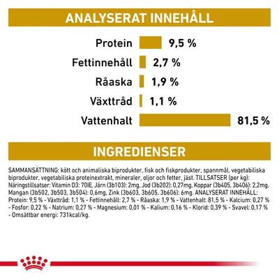 Analyserat innehåll: protein 9,5 %, fettinnehåll 2,7 %, råaska 1,9 %, växttråd 1,1 %, vattenhalt 81,5 %. Ingredienser och tillsatser listas i detalj under rubriken INGREDIENSER.