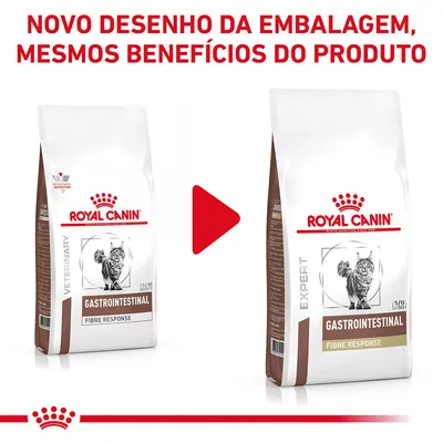 Novo desenho da embalagem Royal Canin Gastrointestinal Fibre Response para gatos. À esquerda: embalagem antiga 'Veterinary'. À direita: nova embalagem 'Expert'. Texto: NOVO DESENHO DA EMBALAGEM, MESMOS BENEFÍCIOS DO PRODUTO.