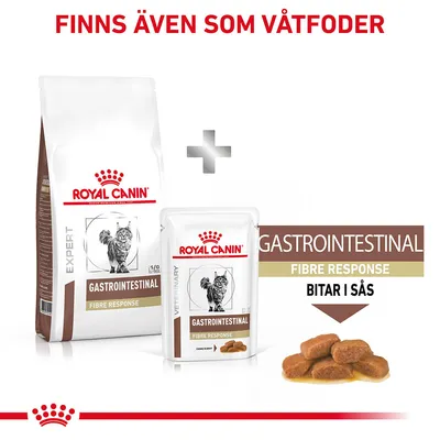 Royal Canin Gastrointestinal Fibre Response torr- och våtfoder för katt, text: 'FINNS ÄVEN SOM VÅTFODER', synliga bitar i sås, produktnamn och varumärke tydligt visade.