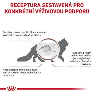Receptura sestavená pro konkrétní výživovou podporu. Poruchy trávení brání kočkám využívat živiny, zvracení a průjem jsou známky problémů, nedostatečná chuť k jídlu zvyšuje riziko úbytku hmotnosti.