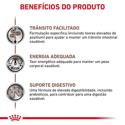 Benefícios do produto: trânsito facilitado, energia adequada e suporte digestivo. Inclui detalhes sobre formulação com psyllium, teor energético e digestibilidade com prebióticos.
