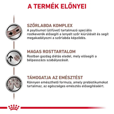 A TERMÉK ELŐNYEI: SZŐRLABDA KOMPLEX, MAGAS ROSTTARTALOM, TÁMOGATJA AZ EMÉSZTÉST. Leírás a szőr kiürüléséről, rostban gazdag étrendről és emésztést segítő formuláról.