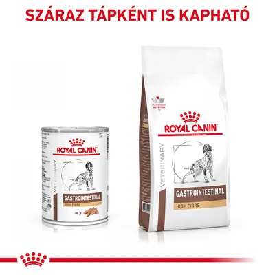 Royal Canin Gastrointestinal High Fibre kutyatáp konzerv és száraz változat csomagolása, felül: SZÁRAZ TÁPKÉNT IS KAPHATÓ