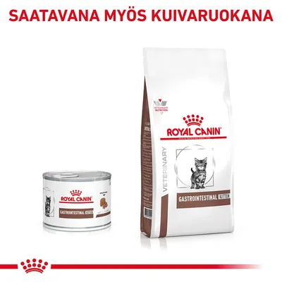 Royal Canin Gastrointestinal Kitten -märkäruoka ja kuivaruoka kissanpennuille. Teksti: Saatavana myös kuivaruoakana.