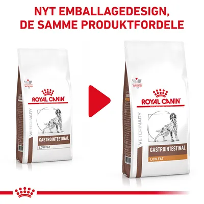 Nyt emballagedesign, de samme produktfordele. To poser Royal Canin Veterinary Gastrointestinal Low Fat hundefoder vises side om side med opdateret design til højre.