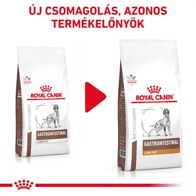 Új csomagolás, azonos termékelőnyök. Royal Canin Gastrointestinal Low Fat kutyatáp kétféle csomagolásban látható.