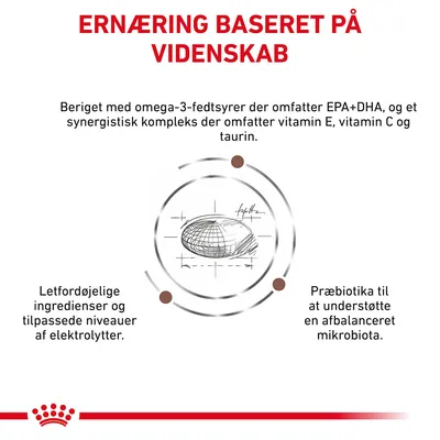 ERNÆRING BASERET PÅ VIDENSKAB. Beriget med omega-3-fedtsyrer EPA+DHA, vitamin E, C og taurin. Letfordøjelige ingredienser, elektrolytter, præbiotika til afbalanceret mikrobiota.