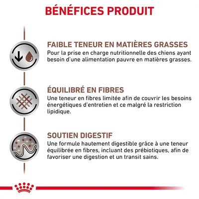 BÉNÉFICES PRODUIT : faible teneur en matières grasses, équilibré en fibres, soutien digestif. Texte explicatif sur la nutrition et la digestion des chiens inclus.