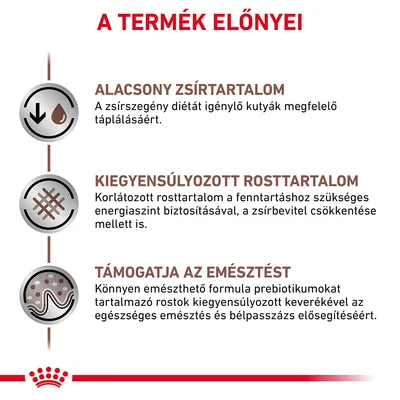 A termék előnyei: alacsony zsírtartalom, kiegyensúlyozott rosttartalom, támogatja az emésztést. Részletes leírás magyar nyelven a képen olvasható.