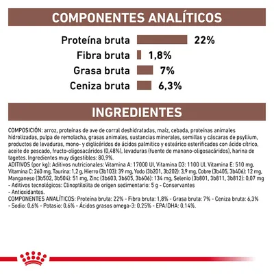 Componentes analíticos: proteína bruta 22 %, fibra bruta 1,8 %, grasa bruta 7 %, ceniza bruta 6,3 %. Ingredientes: arroz, proteínas de ave de corral deshidratadas, maíz, cebada, etc. Componentes analíticos: proteína bruta 22 %, fibra bruta 1,8 %, grasa bruta 7 %, ceniza bruta 6,3 %. Ingredientes: arroz, proteínas de ave de corral deshidratadas, maíz, cebada, etc.