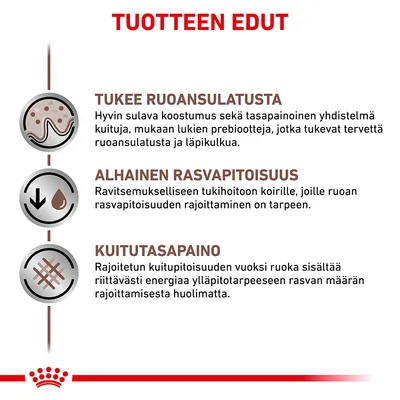 TUOTTEEN EDUT: Tukee ruoansulatusta, alhainen rasvapitoisuus, kuitutasapaino. Selitykset jokaiselle kohdalle näkyvissä kuvatekstissä.