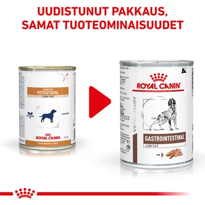 Uudistunut pakkaus, samat tuoteominaisuudet. Royal Canin Gastrointestinal Low Fat -koiranruokapurkit: vanha ja uusi ulkoasu rinnakkain.