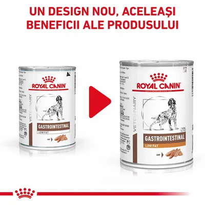 Royal Canin Gastrointestinal Low Fat, două conserve cu design diferit. Text sus: Un design nou, aceleași beneficii ale produsului.