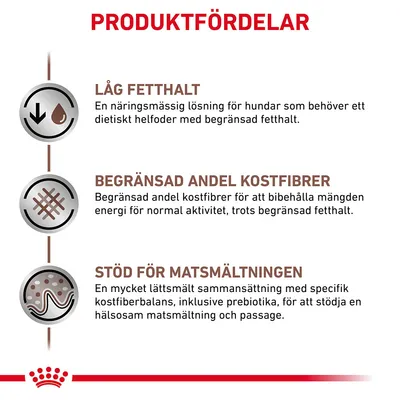 Produktfördelar: låg fetthalt, begränsad andel kostfibrer, stöd för matsmältningen. Beskrivningar om näringslösning med låg fetthalt, fiberbalans och lättsmält sammansättning.