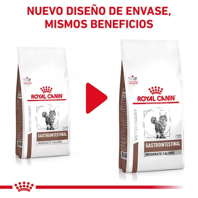 ROYAL CANIN GASTROINTESTINAL MODERATE CALORIE para gatos, imagen comparativa de antiguo y nuevo envase con texto: NUEVO DISEÑO DE ENVASE, MISMOS BENEFICIOS.
