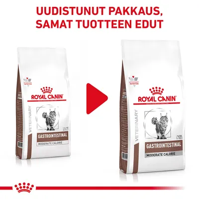 Royal Canin Gastrointestinal Moderate Calorie kissanruoka, kaksi erilaista pakkausta vierekkäin. Ylhäällä teksti: Uudistunut pakkaus, samat tuotteen edut.