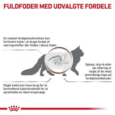 FULDFODER MED UDVALGTE FORDELE. En nedsat fordøjelsesfunktion kan forhindre katte i at drage fordel af næringsstoffer. Opkast, diarré eller løs afføring er tegn på fordøjelsesbesvær. Kontrolleret kalorieindhold.
