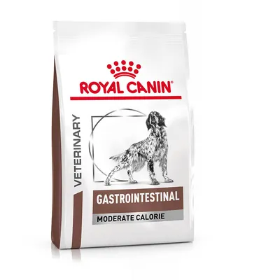 Saco de pienso Royal Canin Veterinary Gastrointestinal Moderate Calorie con imagen de perro y texto visible en el envase.
