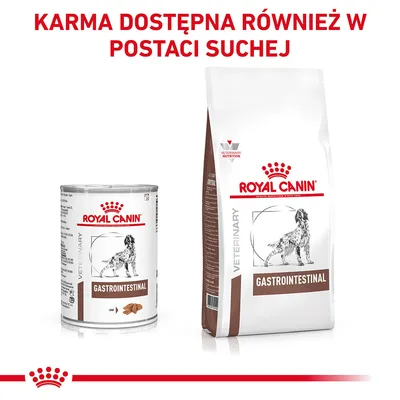 ROYAL CANIN GASTROINTESTINAL karma mokra i sucha dla psów. Napis: KARMA DOSTĘPNA RÓWNIEŻ W POSTACI SUCHEJ.