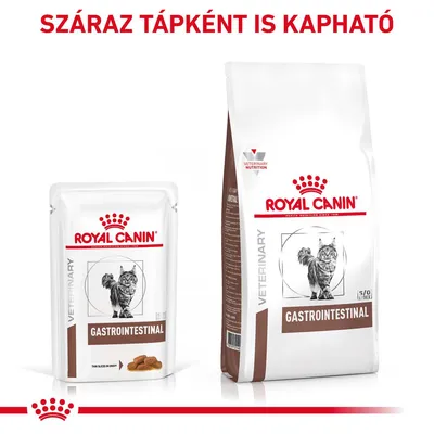 ROYAL CANIN GASTROINTESTINAL macskaeledel nedves és száraz változatban, csomagoláson macskakép. Felirat: SZÁRAZ TÁPKÉNT IS KAPHATÓ.