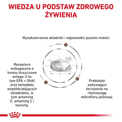 Wiedza u podstaw zdrowego żywienia. Wysokostrawne składniki, odpowiedni poziom miedzi, kwasy omega-3, witaminy E i C, tauryna, prebiotyki dla mikroflory jelitowej.