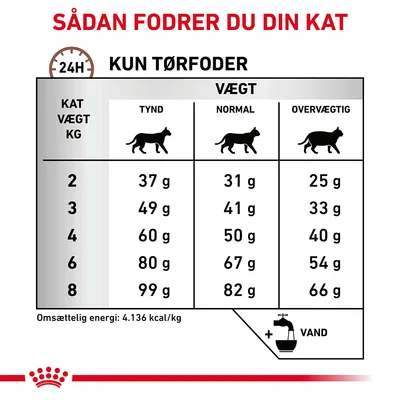 Fodringsvejledning til kat: tørfoder pr. dag for tynd, normal og overvægtig kat fra 2–8 kg. Omsættelig energi: 4.136 kcal/kg. Husk vand.