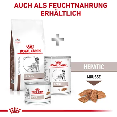 Royal Canin Hepatic Trocken- und Feuchtnahrung für Hunde. Text: Auch als Feuchtnahrung erhältlich. Produktabbildungen von Trockenfutter und Dosen mit Mousse.