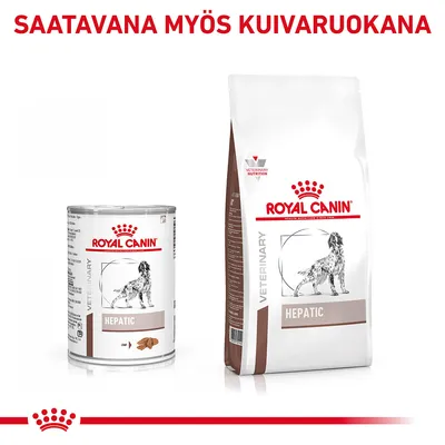 Royal Canin Veterinary Hepatic -koiran märkä- ja kuivaruoka pakkaukset. Ylhäällä teksti: SAATAVANA MYÖS KUIVARUOKANA.