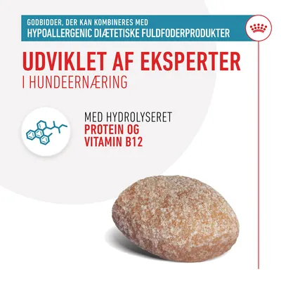 Godbid med teksten: Udviklet af eksperter i hundeernæring. Kan kombineres med hypoallergenic diætetiske fuldfoderprodukter. Med hydrolyseret protein og vitamin B12.