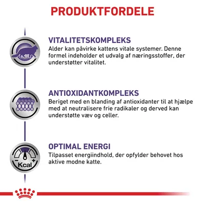 PRODUKTFORDELE: VITALITETSKOMPLEKS, ANTIOXIDANTKOMPLEKS, OPTIMAL ENERGI. Beskrivelser om støtte til kattens vitale systemer, antioxidanter og energiindhold for modne katte.