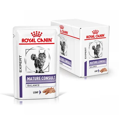 Royal Canin Expert Mature Consult Balance Loaf kattefoder, synlig pose og æske med billede af kat og tekst: MATURE CONSULT BALANCE LOAF.