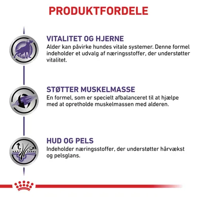 PRODUKTFORDELE: Vitalitet og hjerne – understøtter vitalitet. Støtter muskelmasse – hjælper med at opretholde muskelmassen. Hud og pels – understøtter hårvækst og pelsglans.