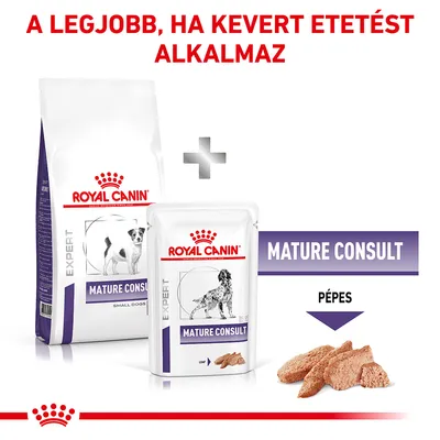 Royal Canin Expert Mature Consult száraz és nedves eledel csomag, pépes állag, felirat: A legjobb, ha kevert etetést alkalmaz. MATURE CONSULT, PÉPES.
