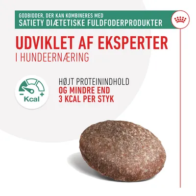 Godbid, der kan kombineres med Satiety diætetiske fuldfoderprodukter. Udviklet af eksperter i hundeeræring. Højt proteinindhold og mindre end 3 kcal per styk.