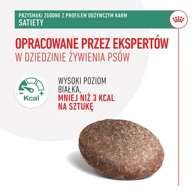 Opracowane przez ekspertów w dziedzinie żywienia psów. Wysoki poziom białka, mniej niż 3 kcal na sztukę. Przysmaki zgodne z profilem odżywczym karm Satiety.