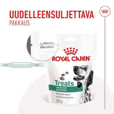Royal Canin Treats -herkkupussi koirille, uudelleensuljettava easyopen zipsystem -pakkaus, 230 g. High protein content, less than 3 kcal per piece.