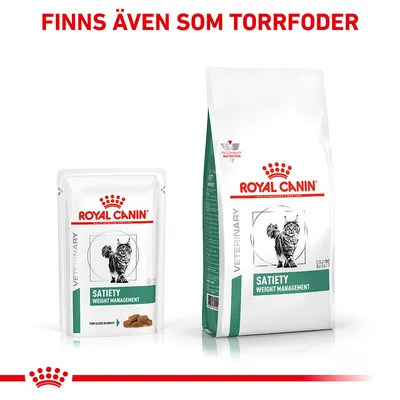 Royal Canin Veterinary Satiety Weight Management för katt, våtfoder och torrfoder. Text: Finns även som torrfoder.