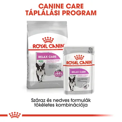 Royal Canin Relax Care száraz és nedves kutyaeledel, felirat: Canine Care Táplálási Program, Száraz és nedves formulák tökéletes kombinációja, +44% normál viselkedés