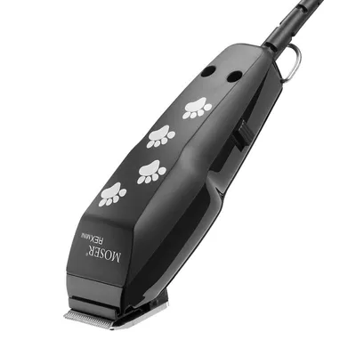 Maszynka do strzyżenia Moser Rex Mini, czarna z białymi śladami łapek i widocznym napisem „MOSER REX MINI” na obudowie.