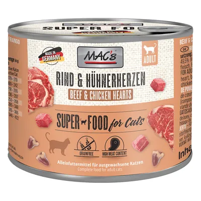 Conservă MAC's Rind & Hühnerherzen Beef & Chicken Hearts, Super Food for Cats, fără cereale, conținut ridicat de carne, hrană completă pentru pisici adulte. Made in Germany.