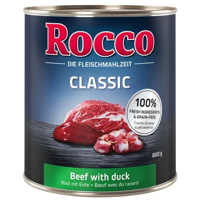 Rocco Classic dåse 800 g, Beef with duck. Tekst: 100% fresh ingredients & grain-free, frische Zutaten & getreidefrei. Billede af oksekød og andekød på etiketten.