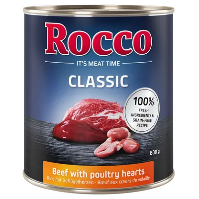 Rocco Classic Dose, 800g. Rind mit Geflügelherzen, 100% frische Zutaten und getreidefreie Rezeptur.