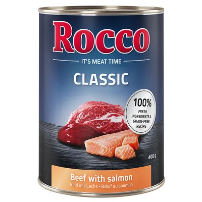 Rocco Classic vită cu somon, conservă 400g. 100% ingrediente proaspete și rețetă fără cereale.