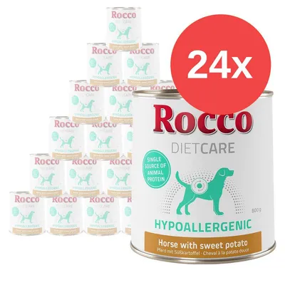 24 lattine Rocco Diet Care Hypoallergenic, 800 g, visibile testo: Single source of animal protein, Horse with sweet potato. Immagine di cane stilizzato sulla confezione.